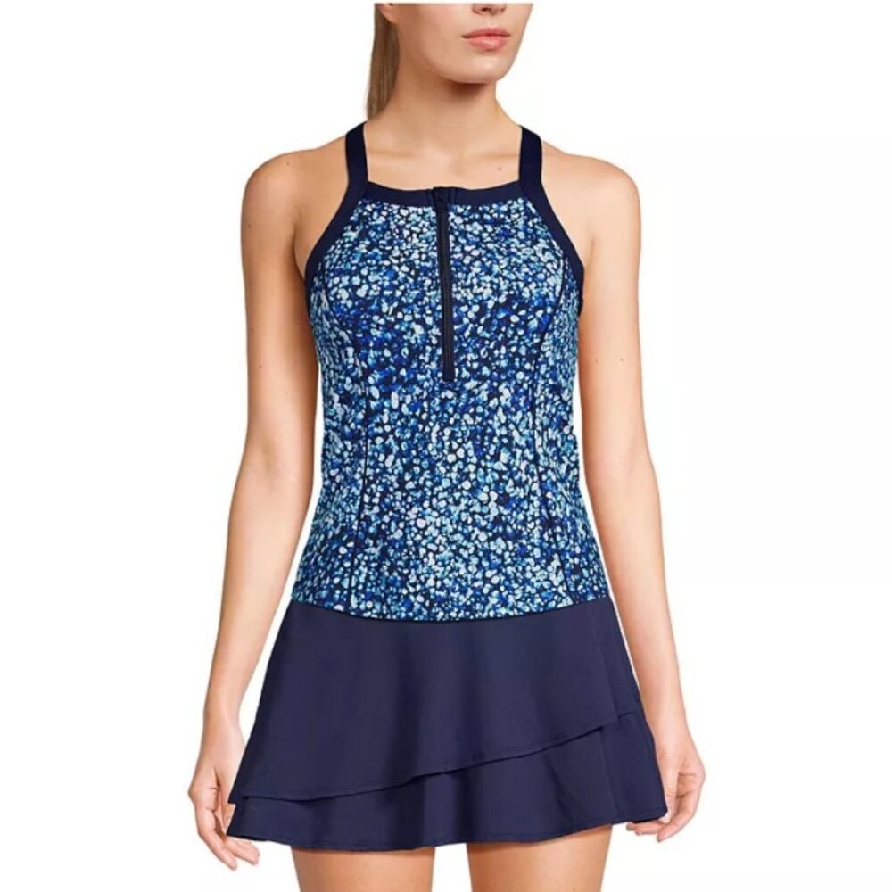 High Neck Zip Front Racerback Tankini Swimsuit Top - Size: 8 Long - NWT